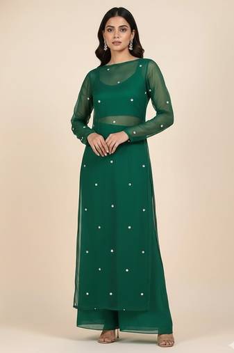Green georgette plain kurta set