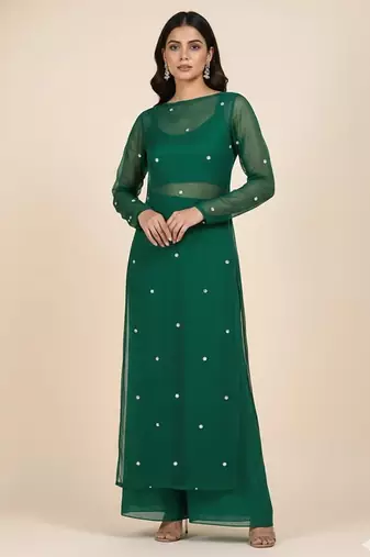 Green georgette plain kurta set