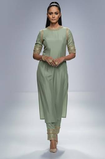 Green chanderi plain kurta set
