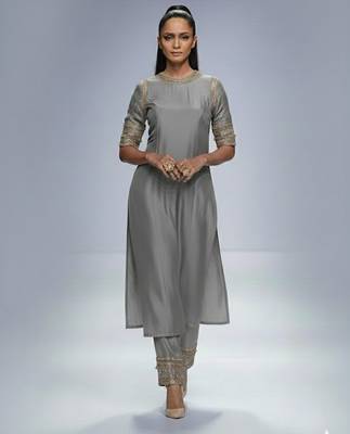 Grey chanderi plain kurta set 1