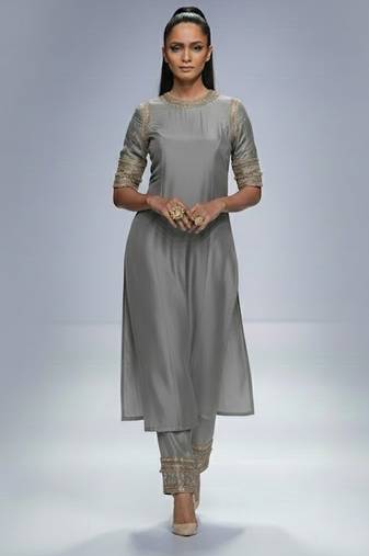Grey chanderi plain kurta set