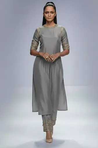 Grey chanderi plain kurta set
