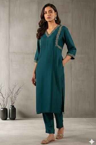Green silk embroidered kurta set
