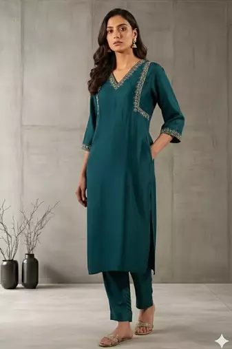 Green silk embroidered kurta set