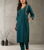 Green silk embroidered kurta set