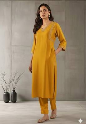 Mustard silk embroidered kurta set 1