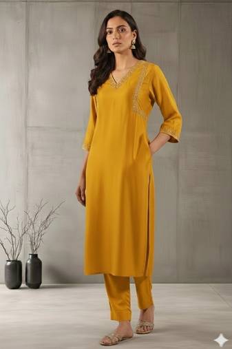 Mustard silk embroidered kurta set