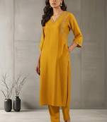 Mustard silk embroidered kurta set