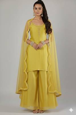 Yellow silk embroidered kurta set 1