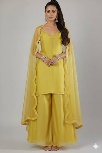 Yellow silk embroidered kurta set