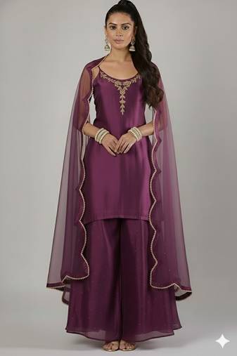 Purple silk embroidered kurta set