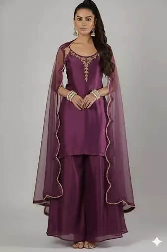 Purple silk embroidered kurta set