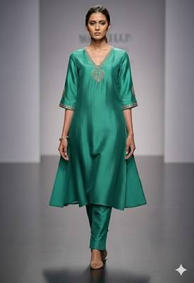 Green chanderi embroidered kurta set 1