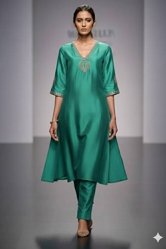 Green chanderi embroidered kurta set