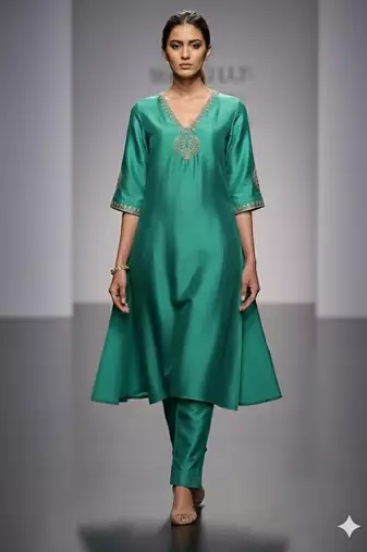 Green chanderi embroidered kurta set