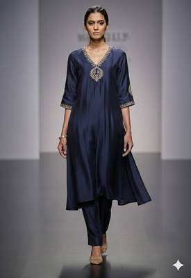 Navy blue chanderi embroidered kurta set 1