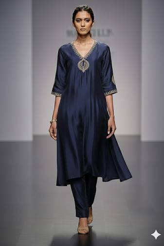 Navy blue chanderi embroidered kurta set