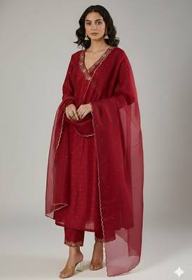 Maroon chanderi embroidered kurta set 1