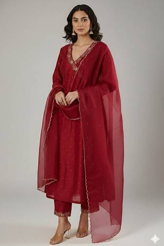 Maroon chanderi embroidered kurta set