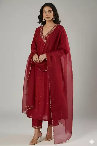 Maroon chanderi embroidered kurta set