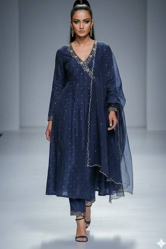 Navy blue chanderi embroidered kurta set