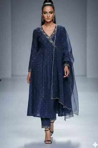 Navy blue chanderi embroidered kurta set