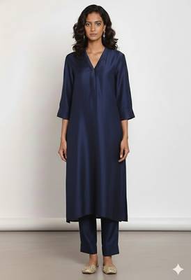 Navy blue chanderi plain kurta set 1