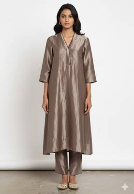Grey chanderi plain kurta set 1