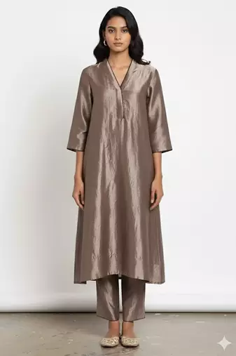 Grey chanderi plain kurta set