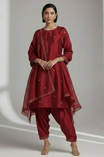 Maroon chanderi embroidered kurta set