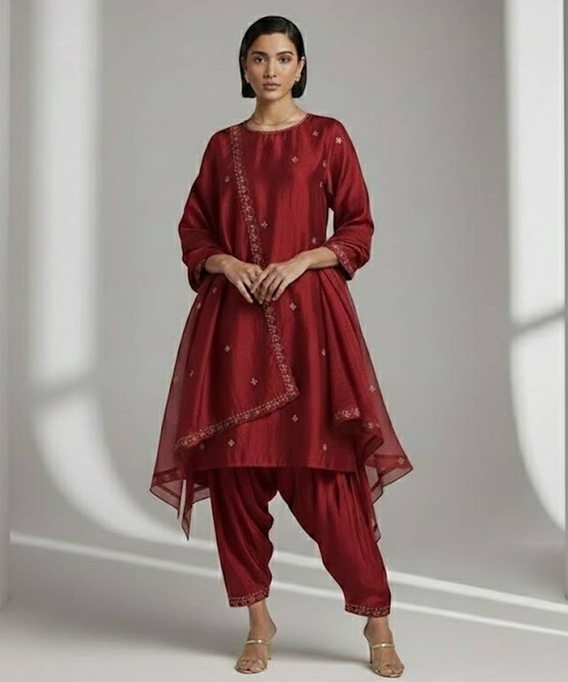 Maroon chanderi embroidered kurta set