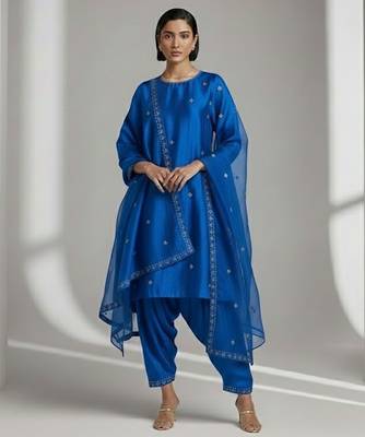 Blue chanderi embroidered kurta set 1