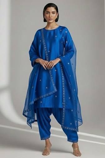 Blue chanderi embroidered kurta set