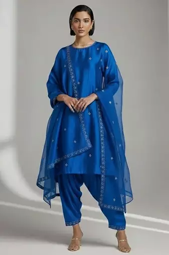Blue chanderi embroidered kurta set