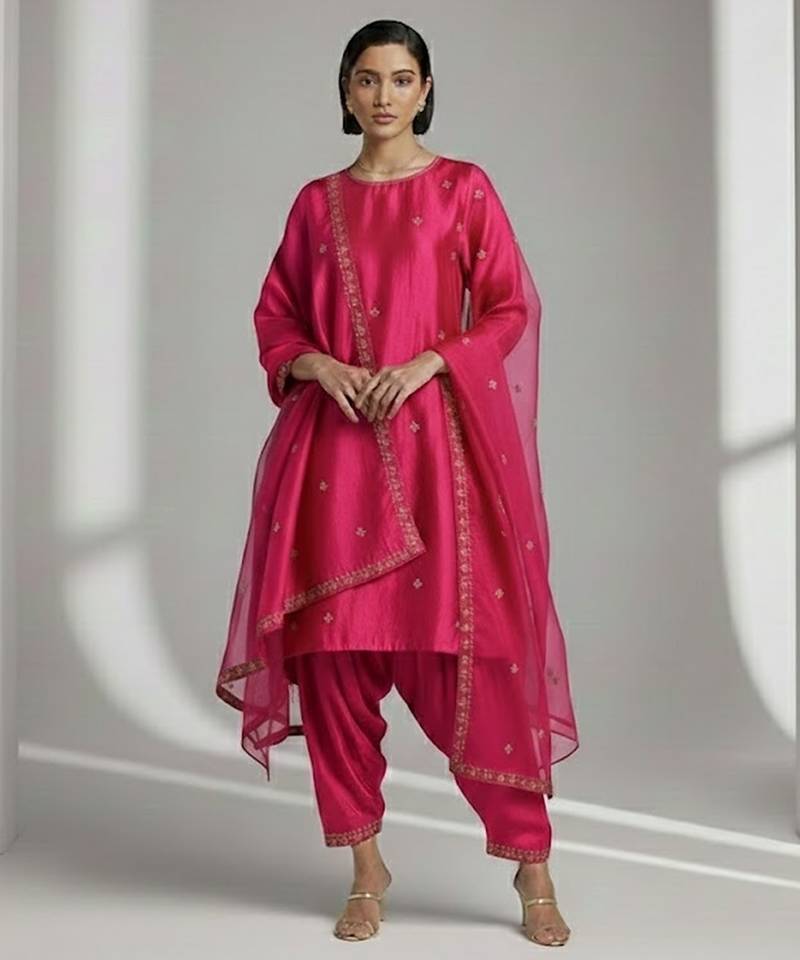 Pink chanderi embroidered kurta sets