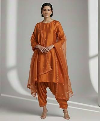 Orange chanderi embroidered kurta set 1