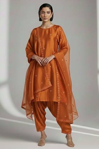 Orange chanderi embroidered kurta set