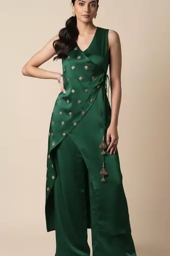 Green satin embroidered kurta set