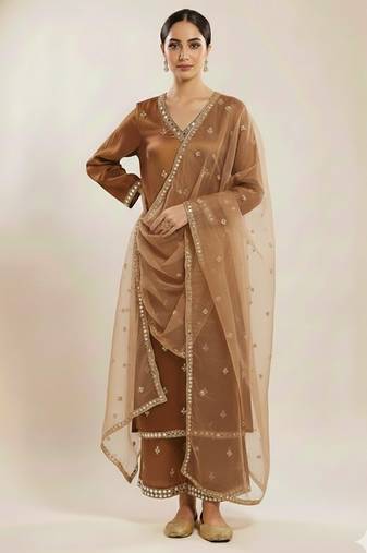 Gold satin embroidered kurta set