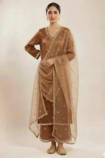 Gold satin embroidered kurta set