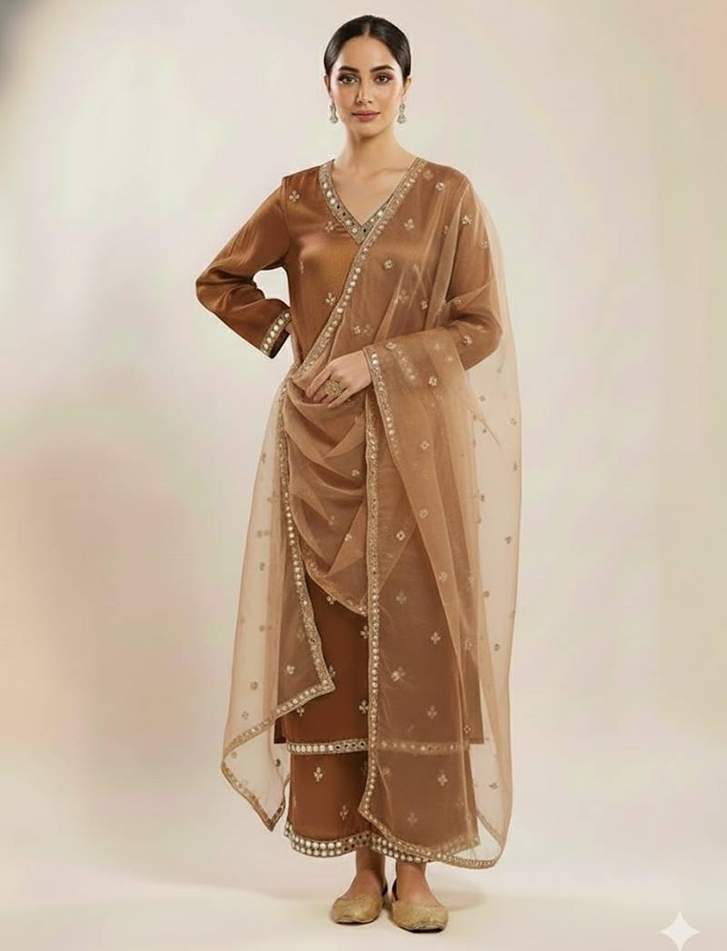 Gold satin embroidered kurta set