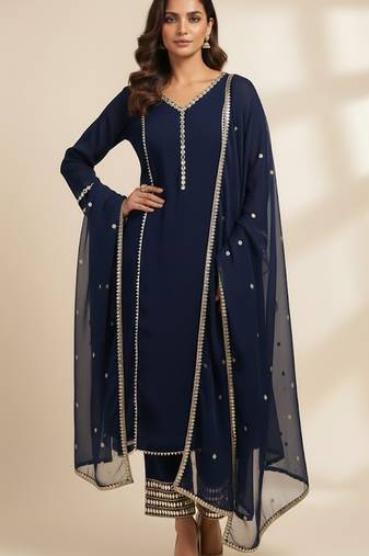 Blue silk embroidered kurta set