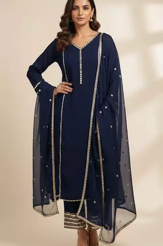 Blue silk embroidered kurta set