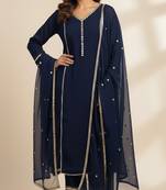Blue silk embroidered kurta set