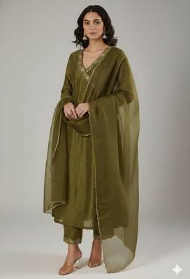 Green chanderi embroidered kurta set 1
