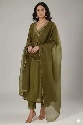 Green chanderi embroidered kurta set