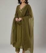 Green chanderi embroidered kurta set
