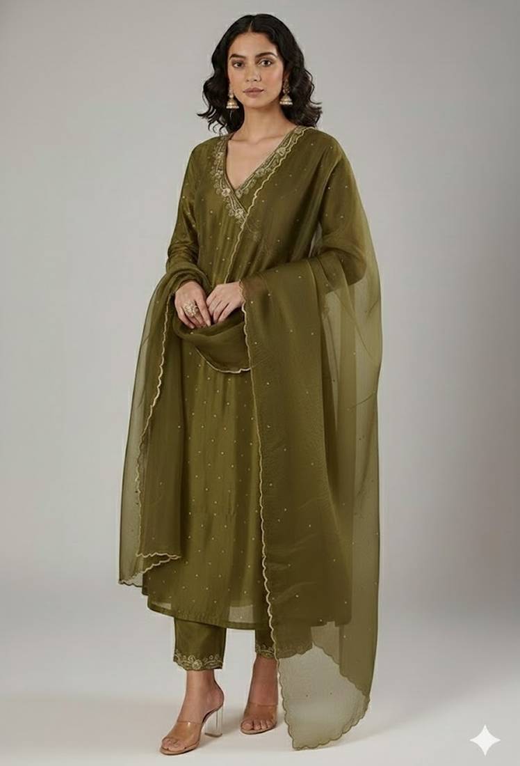 Green chanderi embroidered kurta set