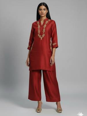 Red silk embroidered kurta set 1