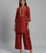 Red silk embroidered kurta set